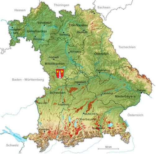 Landkarte des Freistaats Bayern mit Markierung der Gemeinde Meinheim